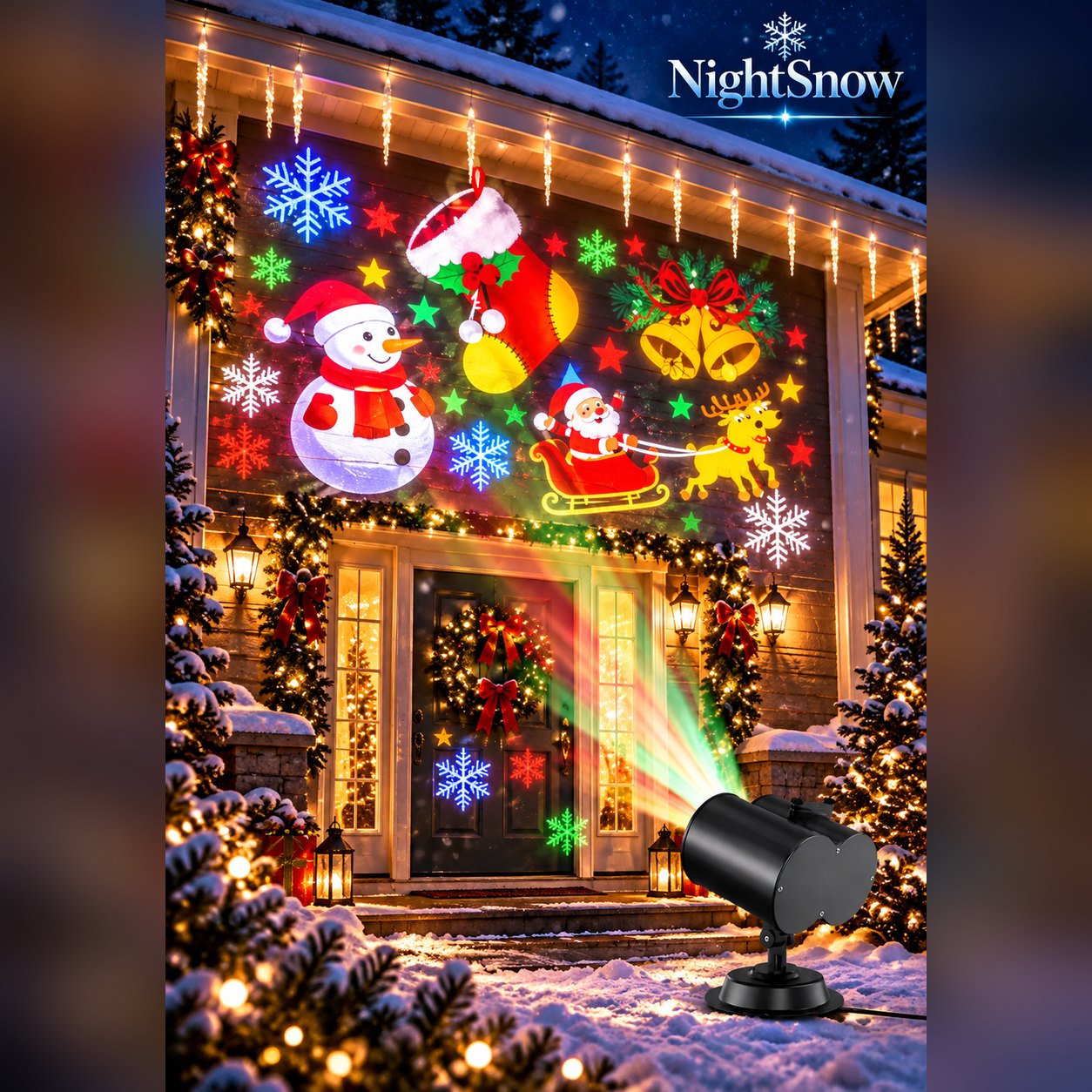 NightSnow Christmas projector lighting up a house with festive motifs